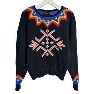LIZSPORT Pull Over Knit Sweater Women MP Black Colorful Vintage Aztec Ramie Cozy